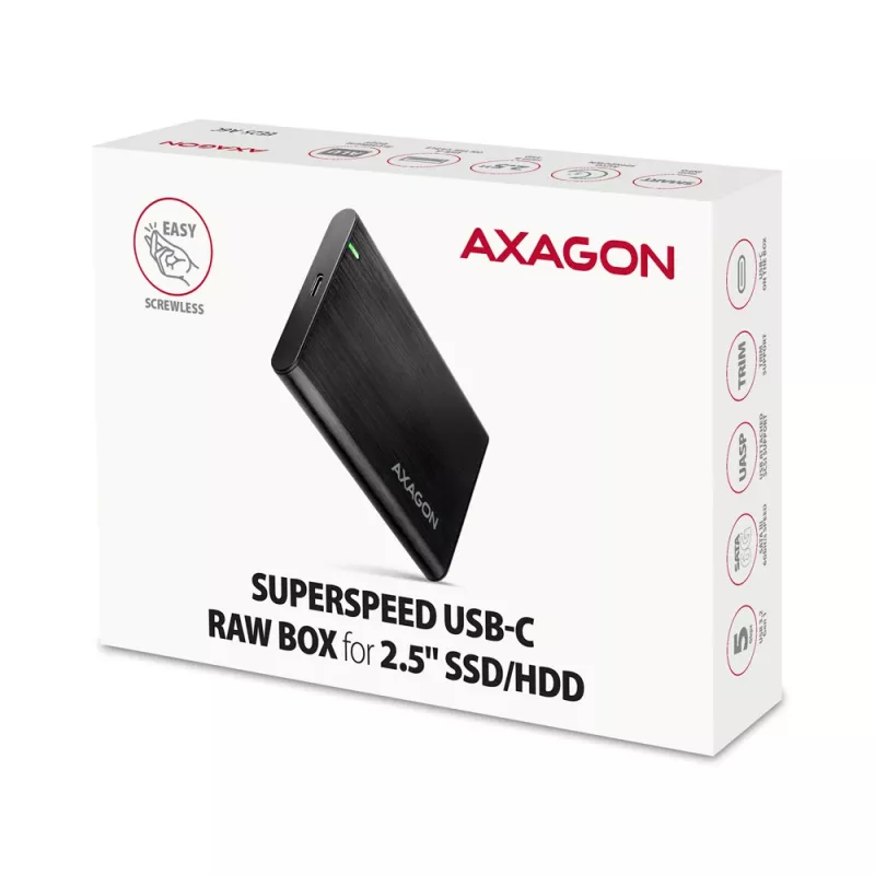 2,5 tuuman HDD/SSD-kotelo AXAGON EE25-A6C — SATA, USB 3.2 Gen 1 (Type-C & Type-A), alumiini, musta