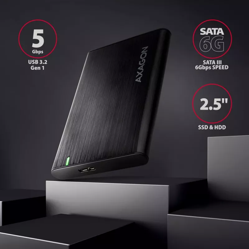 HDD/SSD-kotelo AXAGON EE25-A6M — 2,5 tuuman SATA, USB 3.2 Gen 1 (5 Gbit/s), Micro-USB B - USB Type-A, alumiini, musta