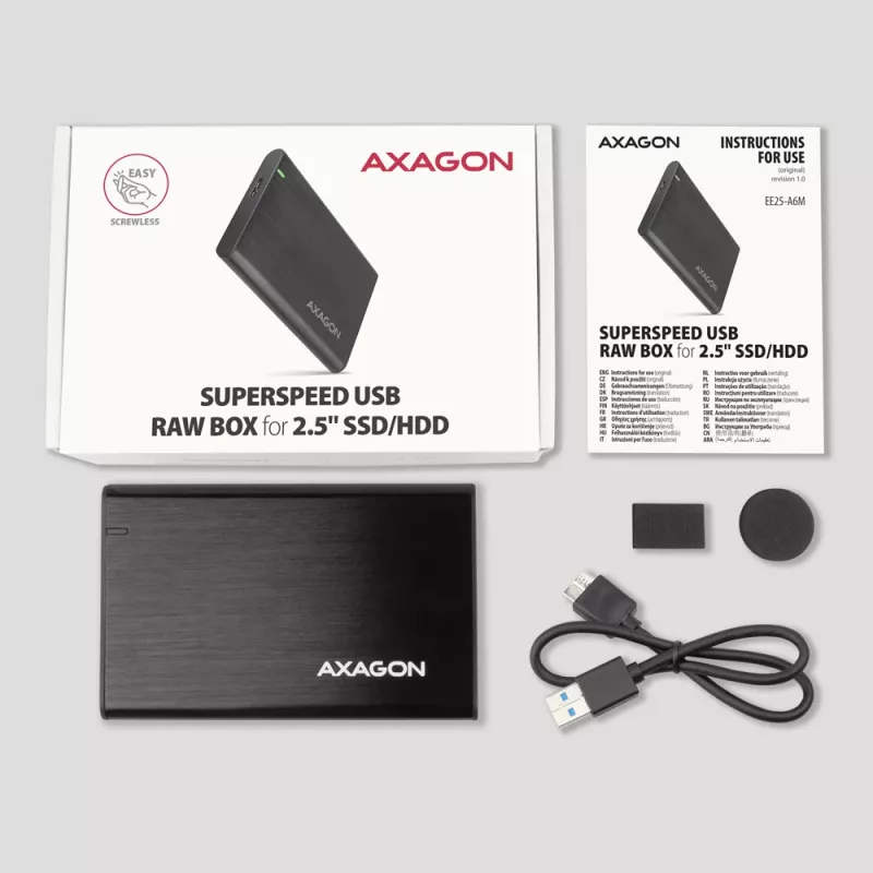 HDD/SSD-kotelo AXAGON EE25-A6M — 2,5 tuuman SATA, USB 3.2 Gen 1 (5 Gbit/s), Micro-USB B - USB Type-A, alumiini, musta