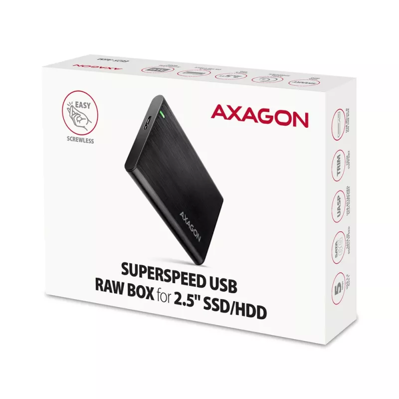 HDD/SSD-kotelo AXAGON EE25-A6M — 2,5 tuuman SATA, USB 3.2 Gen 1 (5 Gbit/s), Micro-USB B - USB Type-A, alumiini, musta
