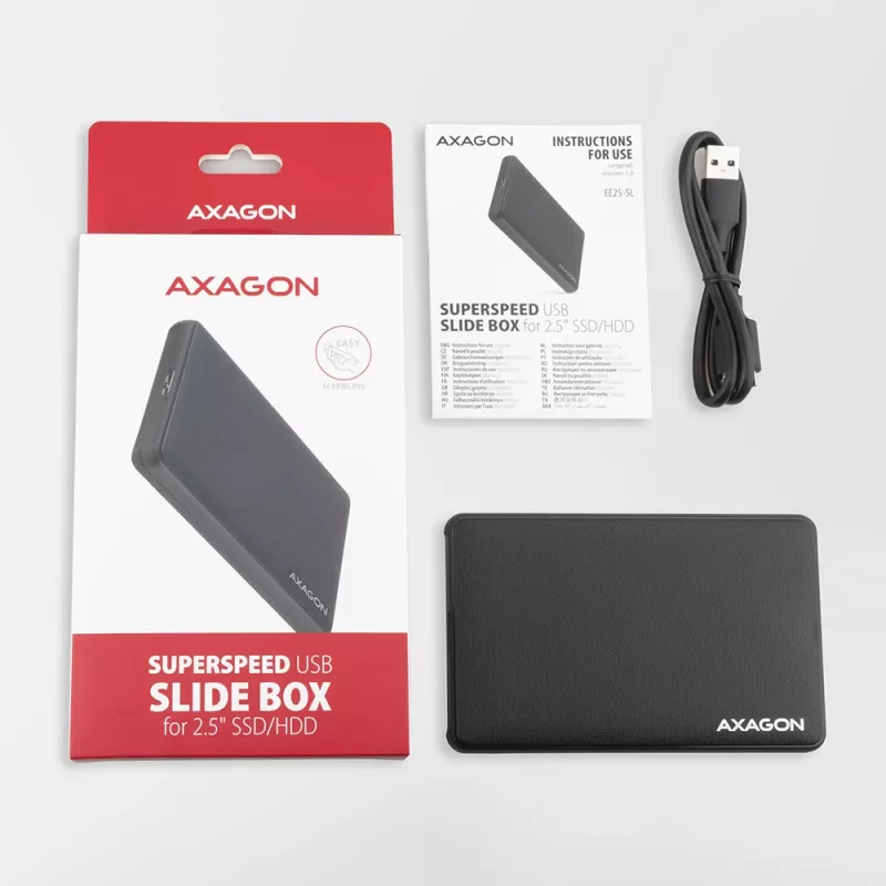 Axagon EE25-SL ruuviton USB 3.2 Gen 1 - SATA 6G ulkoinen kotelo 2,5 tuuman SSD/HDD-asemille