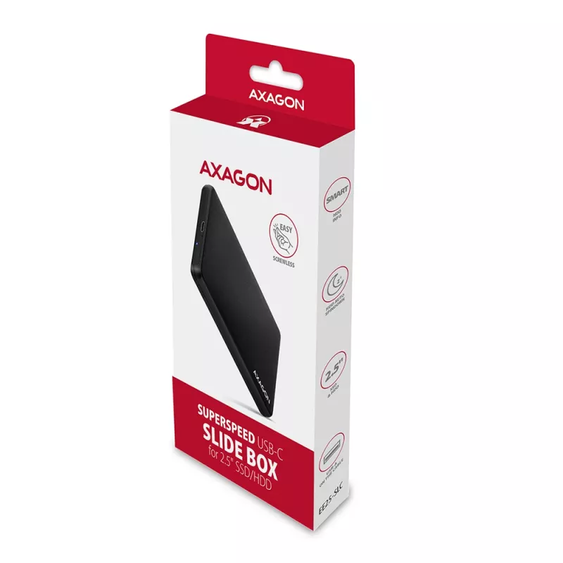 Axagon EE25-SLC ruuviton USB-C 3.2 Gen 1 - SATA 6G ulkoinen kotelo 2,5 tuuman SSD/HDD-asemille