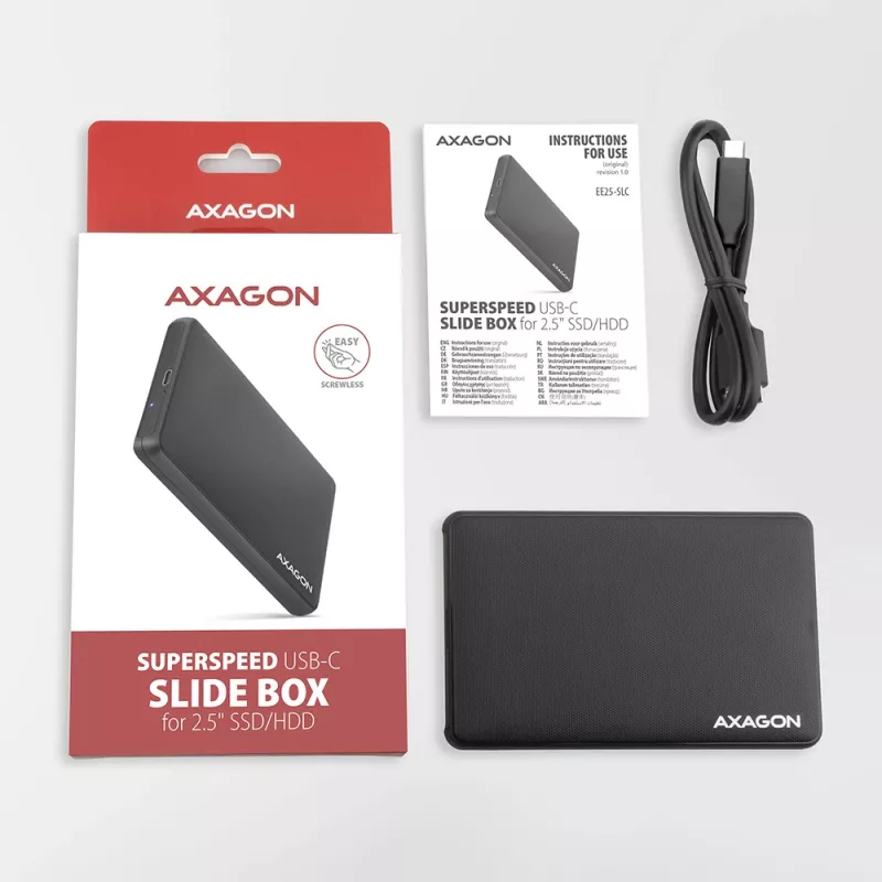 Axagon EE25-SLC ruuviton USB-C 3.2 Gen 1 - SATA 6G ulkoinen kotelo 2,5 tuuman SSD/HDD-asemille