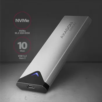 Axagon EEM2-UG2 ulkoinen USB-C 10Gbps metallikotelo M.2 NVMe SSD-kiintolevyille. hopea