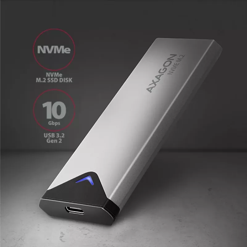 Axagon EEM2-UG2 ulkoinen USB-C 10Gbps metallikotelo M.2 NVMe SSD-kiintolevyille. hopea