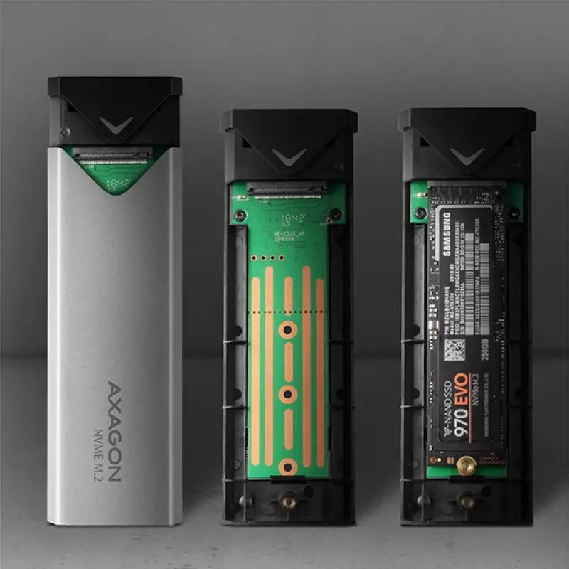 Axagon EEM2-UG2 ulkoinen USB-C 10Gbps metallikotelo M.2 NVMe SSD-kiintolevyille. hopea