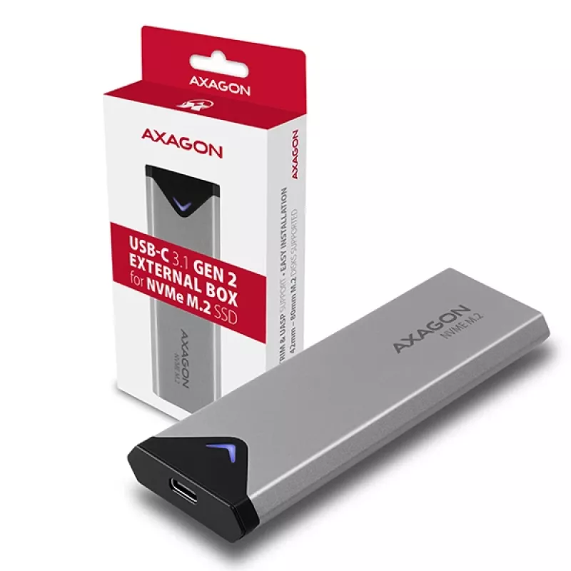 Axagon EEM2-UG2 ulkoinen USB-C 10Gbps metallikotelo M.2 NVMe SSD-kiintolevyille. hopea