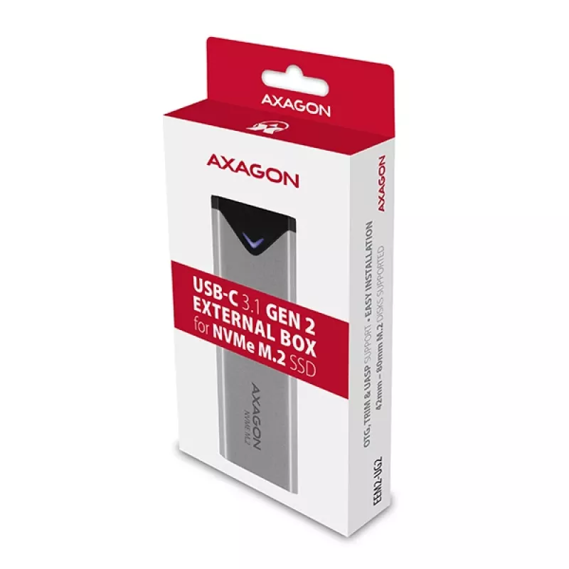 Axagon EEM2-UG2 ulkoinen USB-C 10Gbps metallikotelo M.2 NVMe SSD-kiintolevyille. hopea