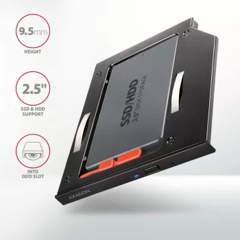 Axagon RSS-CD09 2,5 tuuman SSD/HDD-asennuskehys DVD-paikkaan 9,5 mm LED ALU-liitäntäkortit/adapterit sisäinen SATA