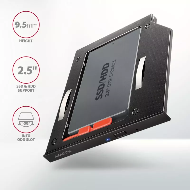 Axagon RSS-CD09 2,5 tuuman SSD/HDD-asennuskehys DVD-paikkaan 9,5 mm LED ALU-liitäntäkortit/adapterit sisäinen SATA