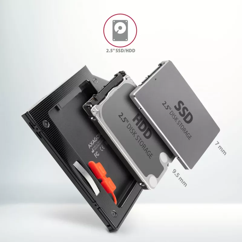 Axagon RSS-CD09 2,5 tuuman SSD/HDD-asennuskehys DVD-paikkaan 9,5 mm LED ALU-liitäntäkortit/adapterit sisäinen SATA