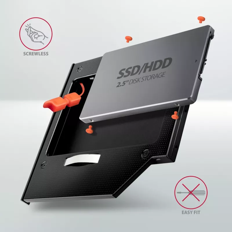 Axagon RSS-CD09 2,5 tuuman SSD/HDD-asennuskehys DVD-paikkaan 9,5 mm LED ALU-liitäntäkortit/adapterit sisäinen SATA