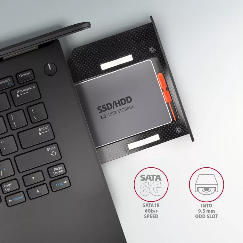 Axagon RSS-CD09 2,5 tuuman SSD/HDD-asennuskehys DVD-paikkaan 9,5 mm LED ALU-liitäntäkortit/adapterit sisäinen SATA