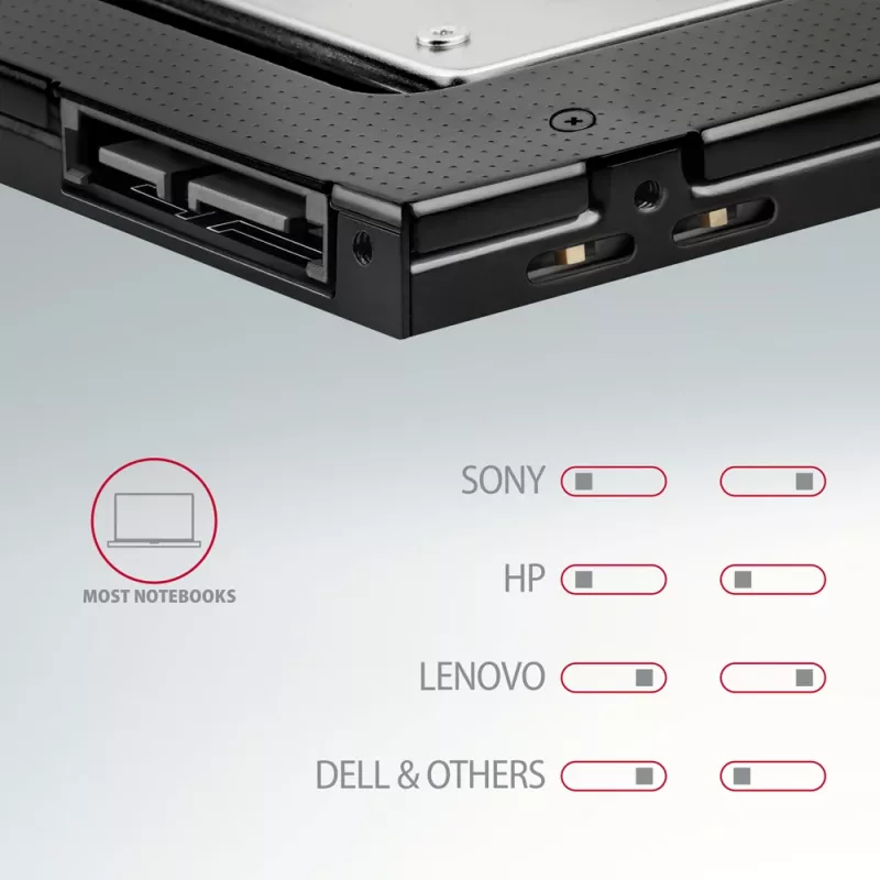 Axagon RSS-CD09 2,5 tuuman SSD/HDD-asennuskehys DVD-paikkaan 9,5 mm LED ALU-liitäntäkortit/adapterit sisäinen SATA