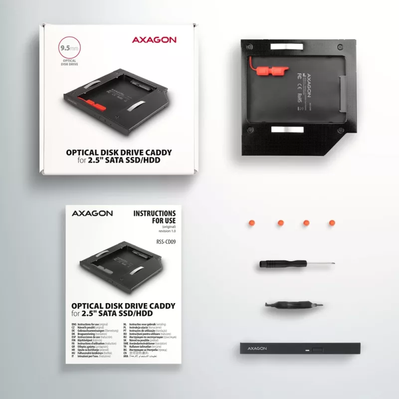 Axagon RSS-CD09 2,5 tuuman SSD/HDD-asennuskehys DVD-paikkaan 9,5 mm LED ALU-liitäntäkortit/adapterit sisäinen SATA