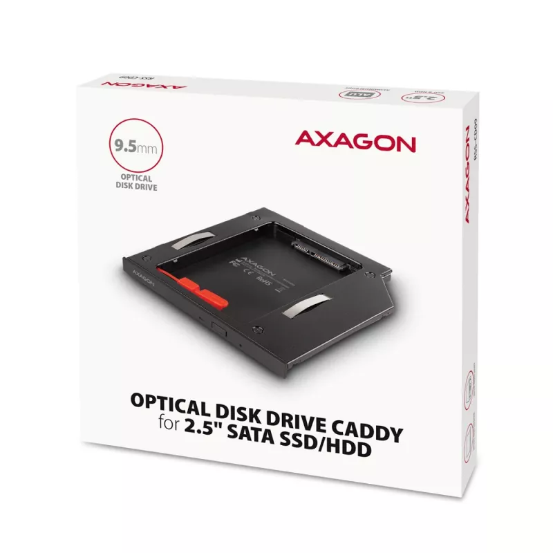 Axagon RSS-CD09 2,5 tuuman SSD/HDD-asennuskehys DVD-paikkaan 9,5 mm LED ALU-liitäntäkortit/adapterit sisäinen SATA
