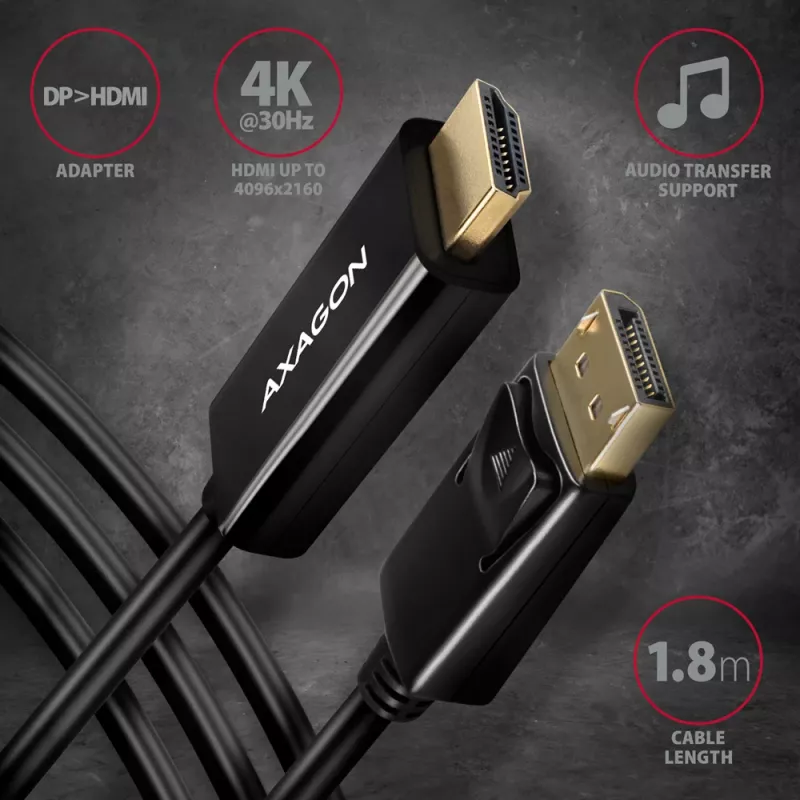 Axagon RVD-HI14C2 DisplayPort -> HDMI 1.4 -kaapeli 1,8 m, 4K/30Hz
