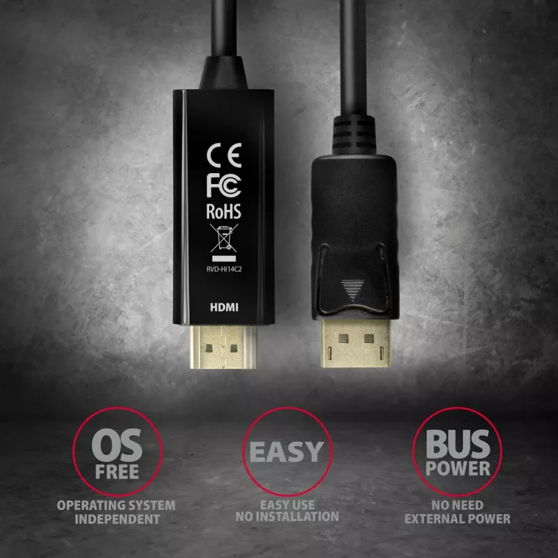 Axagon RVD-HI14C2 DisplayPort -> HDMI 1.4 -kaapeli 1,8 m, 4K/30Hz