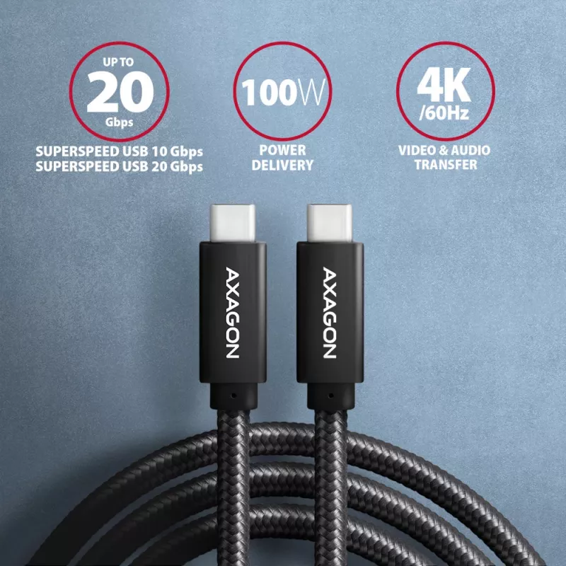Axagon BUCM32-CM10AB SPEED+ USB-C USB 20Gbps/100W -kaapeli 1 m