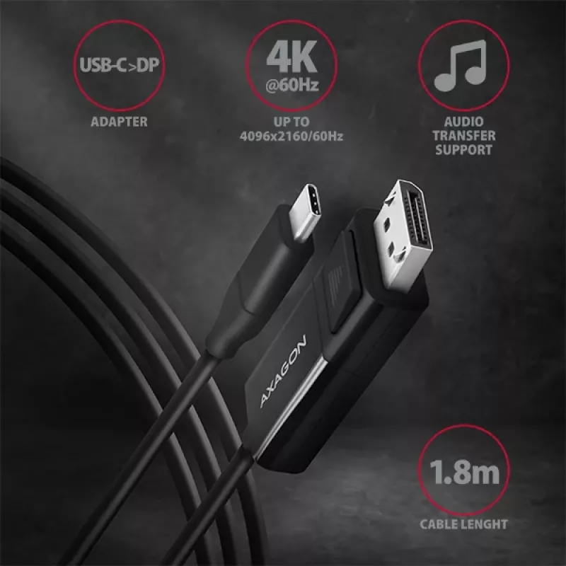 Axagon RVC-DPC USB-C -> DisplayPort -kaapeli 1,8 m 4K/60Hz