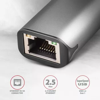 2.5 Gigabit Ethernet -adapteri AXAGON ADE-25R — USB Type-C, 10/100/1000/2500 Mbit, 5000 Mbit/s, alumiini, harmaa