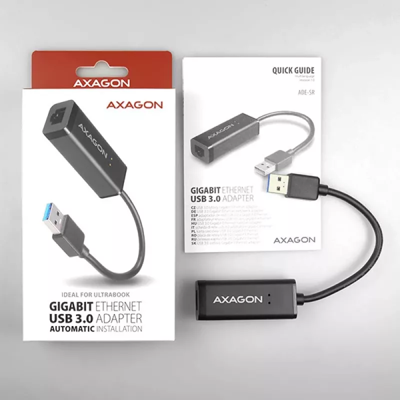 Axagon ADE-SR USB-A Gigabit Ethernet -adapteri, langallinen, USB, Ethernet, 1000 Mbit/s, musta