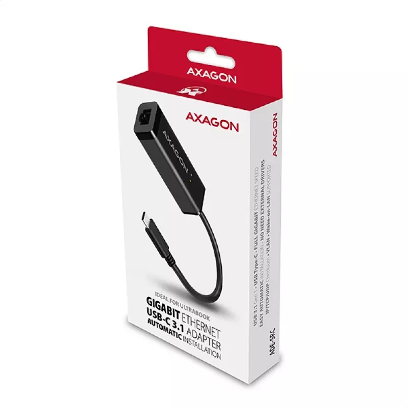 Axagon ADE-SRC USB-C Gigabit Ethernet -adapteri, langallinen, USB Type-C, Ethernet, 1000 Mbit/s, musta