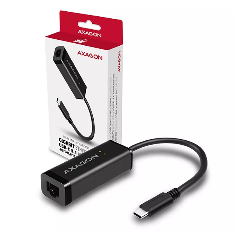 Axagon ADE-SRC USB-C Gigabit Ethernet -adapteri, langallinen, USB Type-C, Ethernet, 1000 Mbit/s, musta