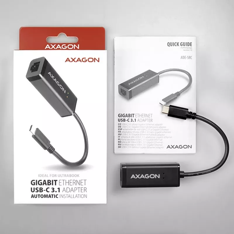 Axagon ADE-SRC USB-C Gigabit Ethernet -adapteri, langallinen, USB Type-C, Ethernet, 1000 Mbit/s, musta