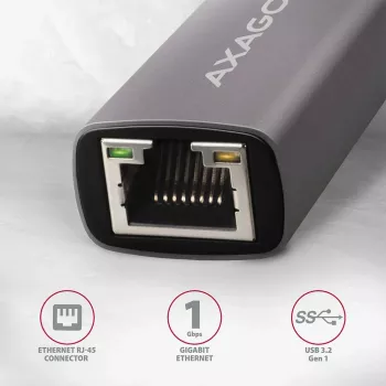 AXAGON USB 3.2 Gen 1 Type-A - Gigabit Ethernet -sovitin ADE-TR — 10/100/1000 Mbps, metalli titaaninharmaa, 5000 Mbit/s