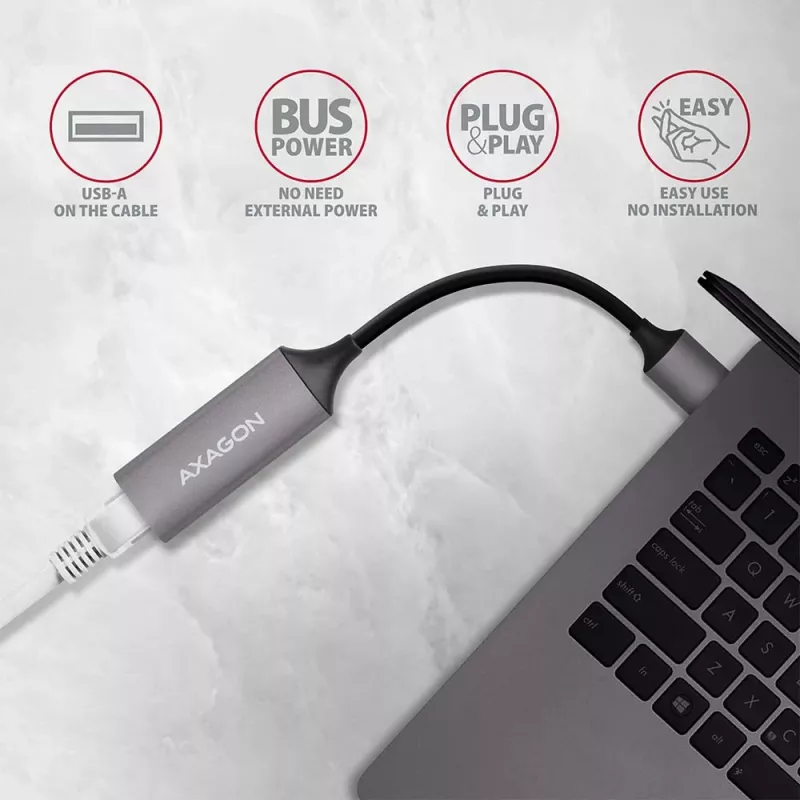 AXAGON USB 3.2 Gen 1 Type-A - Gigabit Ethernet -sovitin ADE-TR — 10/100/1000 Mbps, metalli titaaninharmaa, 5000 Mbit/s