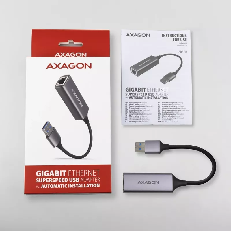 AXAGON USB 3.2 Gen 1 Type-A - Gigabit Ethernet -sovitin ADE-TR — 10/100/1000 Mbps, metalli titaaninharmaa, 5000 Mbit/s