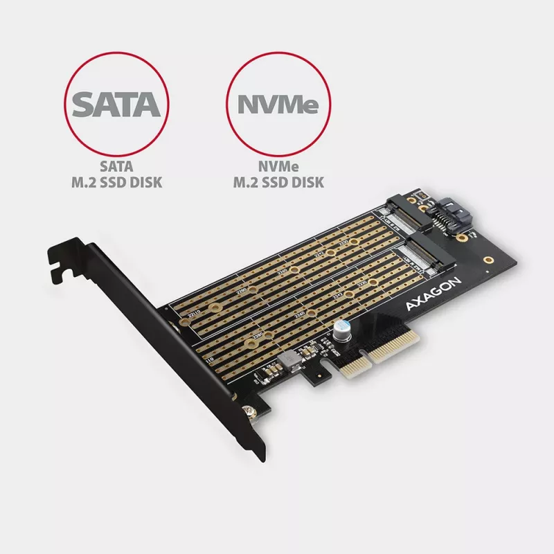Axagon PCEM2-D PCIe x4 - M.2 NVMe M-Key + SATA B-Key -paikkasovitin, SP & LP