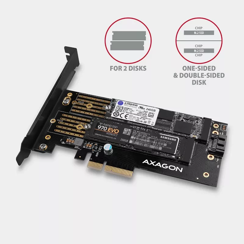 Axagon PCEM2-D PCIe x4 - M.2 NVMe M-Key + SATA B-Key -paikkasovitin, SP & LP