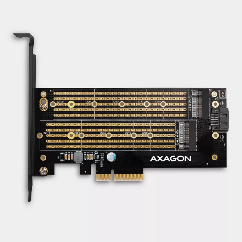 Axagon PCEM2-D PCIe x4 - M.2 NVMe M-Key + SATA B-Key -paikkasovitin, SP & LP