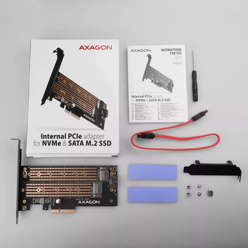 Axagon PCEM2-D PCIe x4 - M.2 NVMe M-Key + SATA B-Key -paikkasovitin, SP & LP