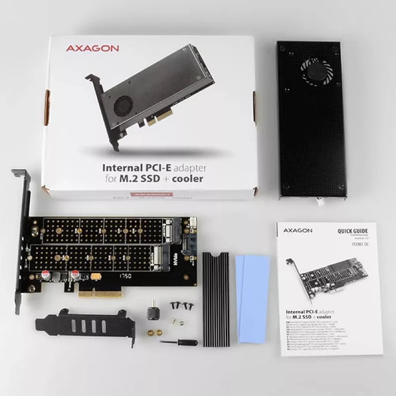 Axagon PCEM2-DC PCIe x4 - M.2 NVMe M-Key + SATA B-Key -paikkasovitin jäähdyttimellä, SP & LP