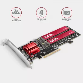 Axagon PCEM2-ND PCIe x8 - kahden M.2 NVMe M-Key -paikan sovitin, RAID, dataswitch, SP & LP