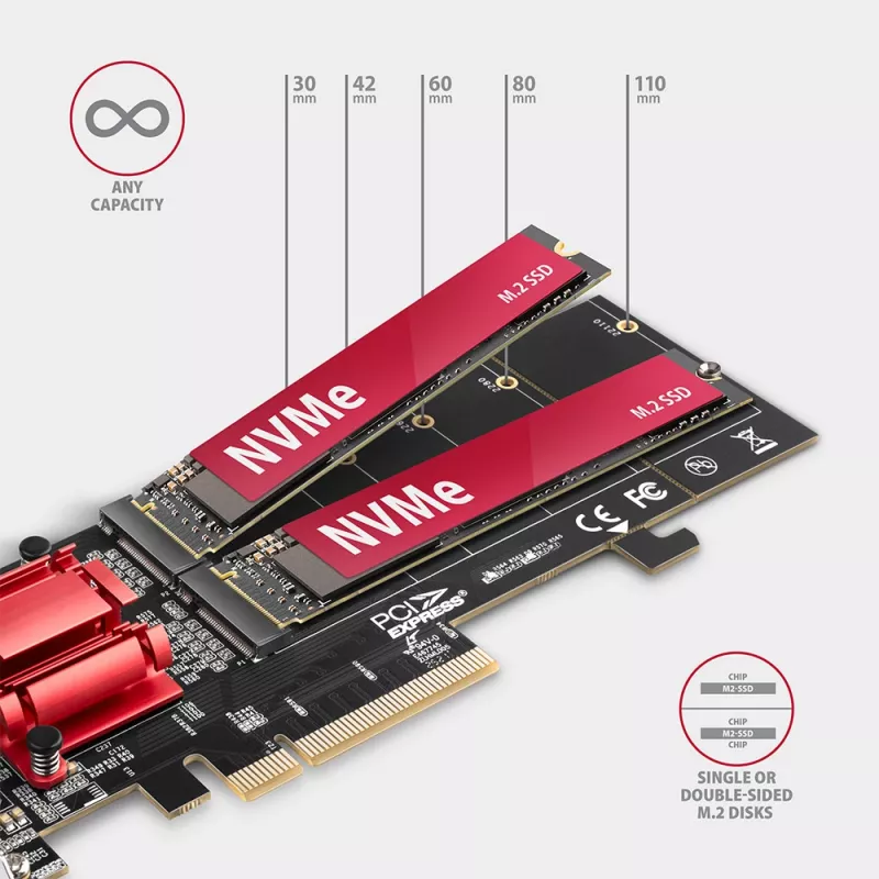 Axagon PCEM2-ND PCIe x8 - kahden M.2 NVMe M-Key -paikan sovitin, RAID, dataswitch, SP & LP