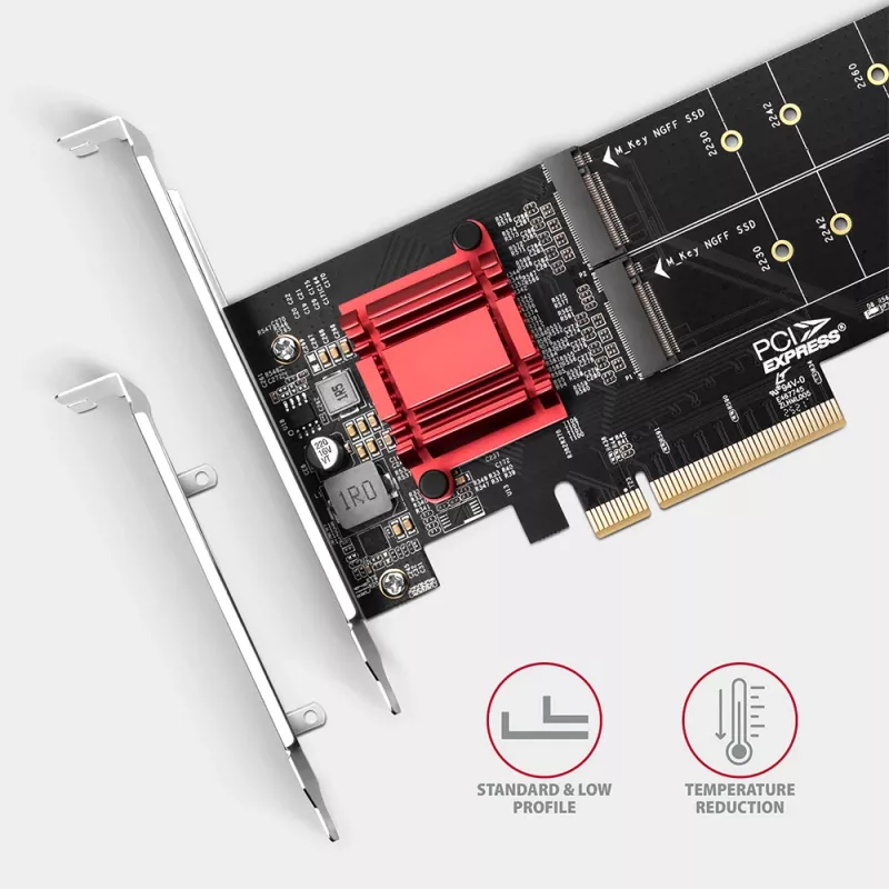 Axagon PCEM2-ND PCIe x8 - kahden M.2 NVMe M-Key -paikan sovitin, RAID, dataswitch, SP & LP
