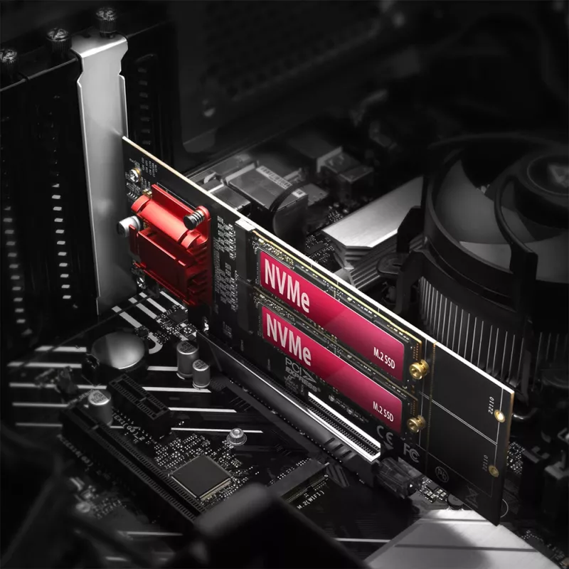 Axagon PCEM2-ND PCIe x8 - kahden M.2 NVMe M-Key -paikan sovitin, RAID, dataswitch, SP & LP