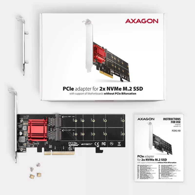 Axagon PCEM2-ND PCIe x8 - kahden M.2 NVMe M-Key -paikan sovitin, RAID, dataswitch, SP & LP