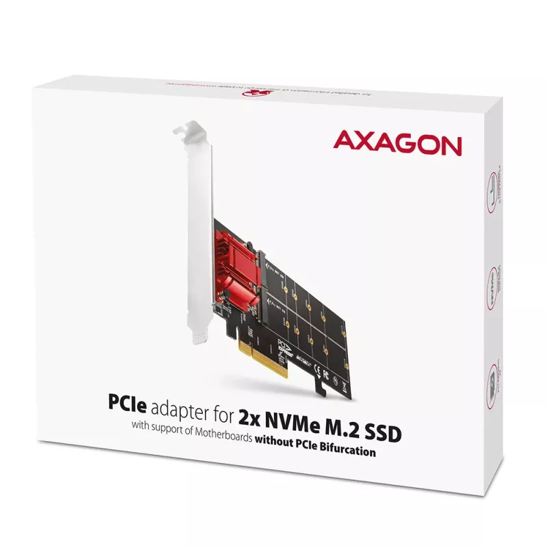 Axagon PCEM2-ND PCIe x8 - kahden M.2 NVMe M-Key -paikan sovitin, RAID, dataswitch, SP & LP