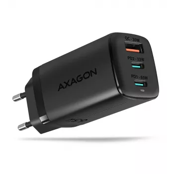 Axagon ACU-DPQ65 GaN-seinälaturi 65W, 3 liitäntää (USB-A + kaksi USB-C), PD3.0/QC4+/PPS/Apple