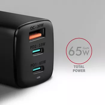 Axagon ACU-DPQ65 GaN-seinälaturi 65W, 3 liitäntää (USB-A + kaksi USB-C), PD3.0/QC4+/PPS/Apple