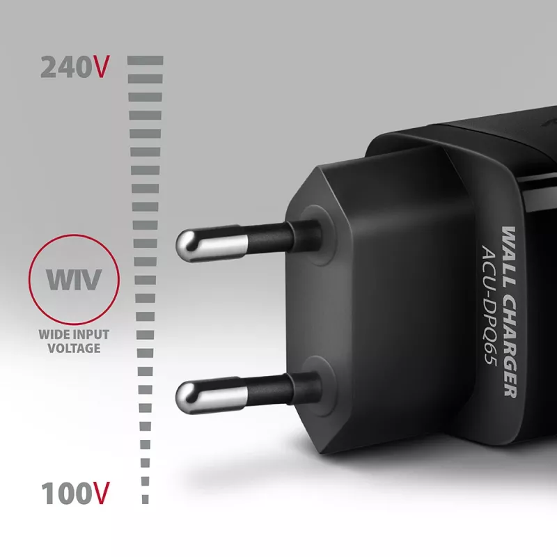 Axagon ACU-DPQ65 GaN-seinälaturi 65W, 3 liitäntää (USB-A + kaksi USB-C), PD3.0/QC4+/PPS/Apple