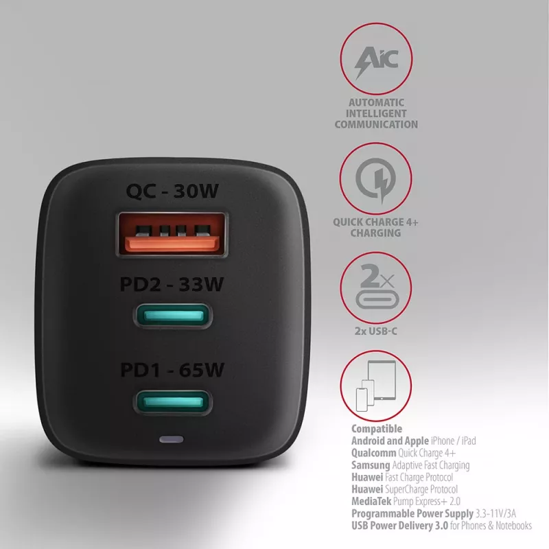 Axagon ACU-DPQ65 GaN-seinälaturi 65W, 3 liitäntää (USB-A + kaksi USB-C), PD3.0/QC4+/PPS/Apple
