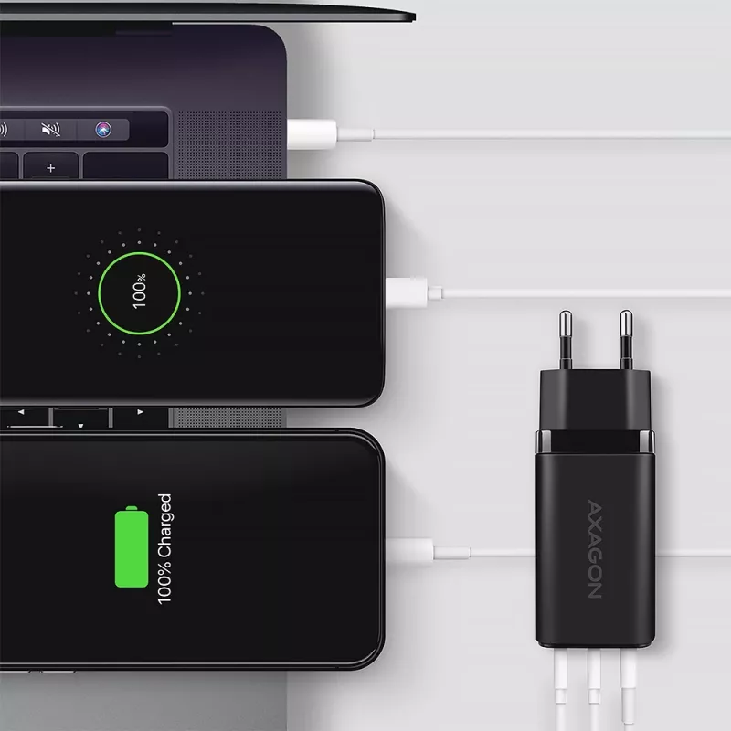 Axagon ACU-DPQ65 GaN-seinälaturi 65W, 3 liitäntää (USB-A + kaksi USB-C), PD3.0/QC4+/PPS/Apple