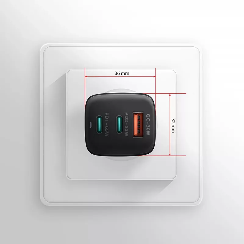 Axagon ACU-DPQ65 GaN-seinälaturi 65W, 3 liitäntää (USB-A + kaksi USB-C), PD3.0/QC4+/PPS/Apple
