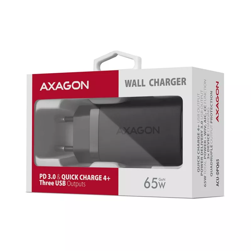 Axagon ACU-DPQ65 GaN-seinälaturi 65W, 3 liitäntää (USB-A + kaksi USB-C), PD3.0/QC4+/PPS/Apple
